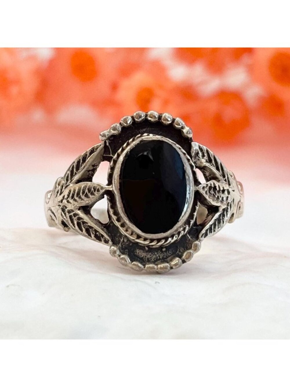 Southwest Style Beaded Black Onyx Sterling Silver 925 Vintage Ring - sz 7.75